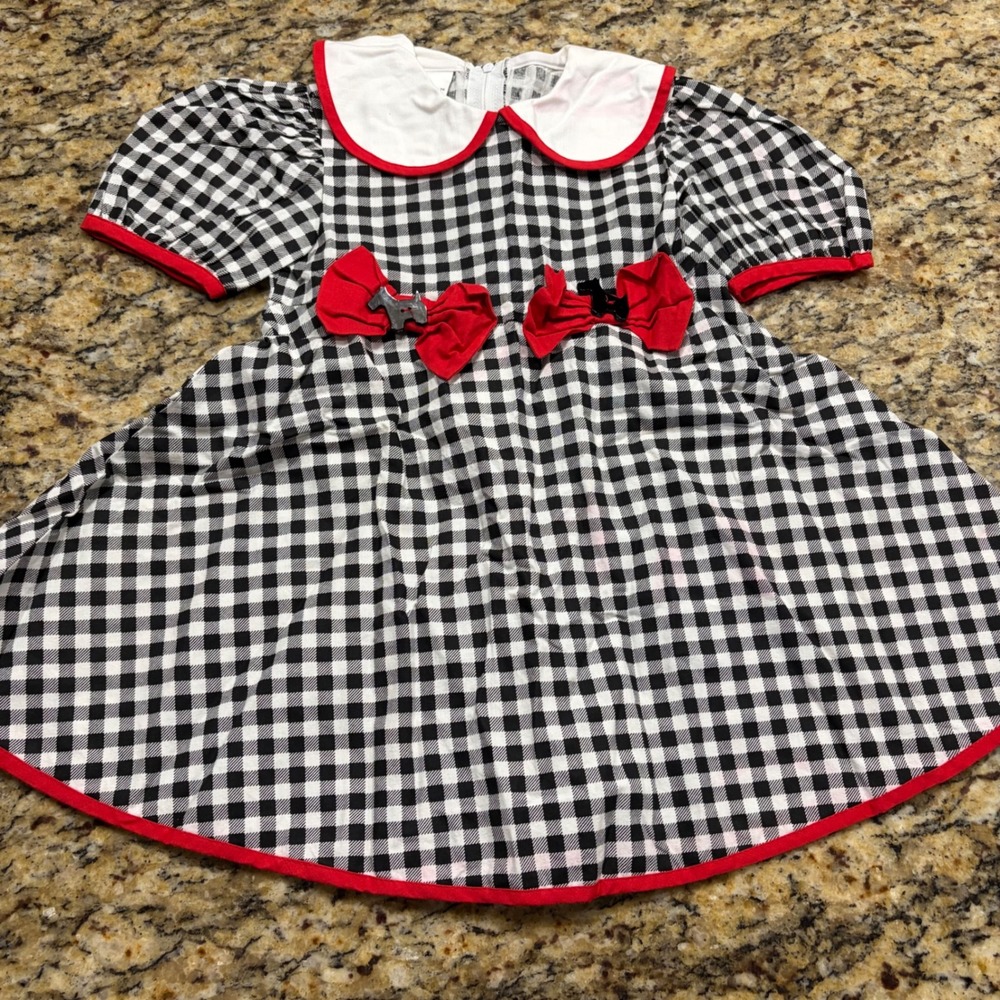 Vintage Isabella Girls Gingham Dress Black White Red Scottie Dog Bows Size 4 USA